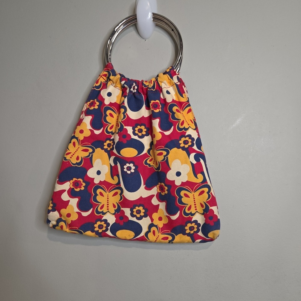 Vintage Floral Butterfly Ring Handle Handbag Retro Canvas Tote Bag Red Blue Gold - Picture 2 of 3